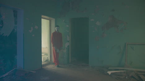 scary clown in abandoned house