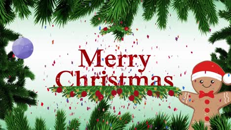 Animation-of-merry-christmas-over-green-background-with-confetti,-fir-trees-and-cookie