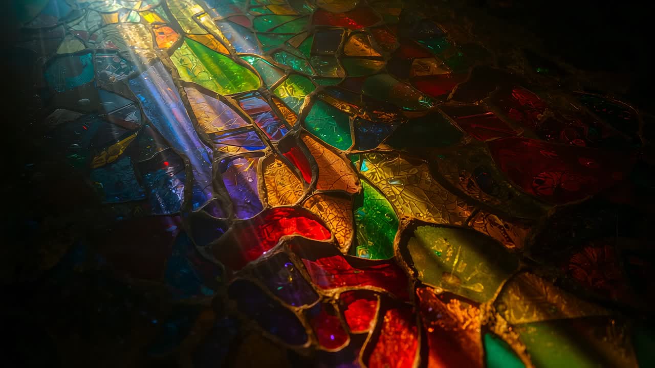 Streaming beam from stained glass window shifting across mosaic floor, revealing colored fragments