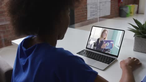 mujer de negocios afroamericana sentada en un escritorio usando una computadora portátil haciendo una videollamada con una colega