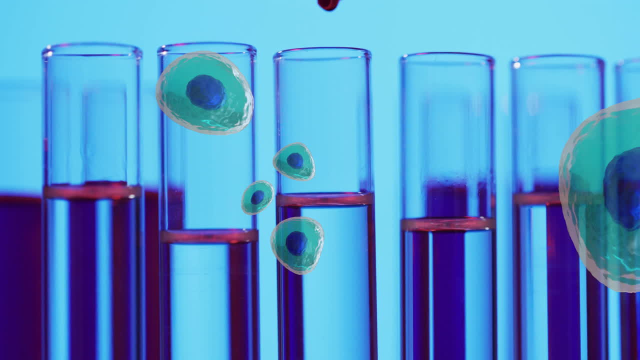 animación de glóbulos blancos sobre tubos de ensayo en el laboratorio sobre fondo azul