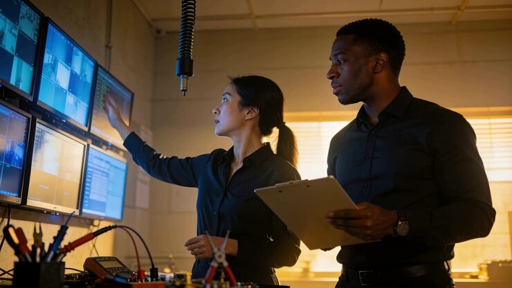 Spotting waveform, tech in black sweeping monitors in lab, explaining data, man noting on clipboard