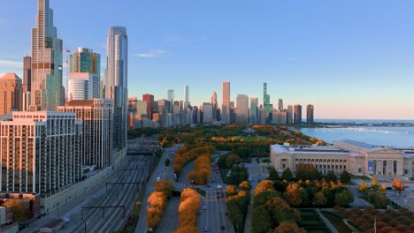 chicago aerial view of lake shore drive and grand park during autumn