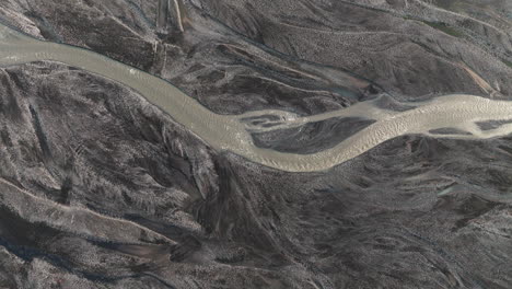 bird's eye view of river filled with glacial silt in thorsmork valley, iceland