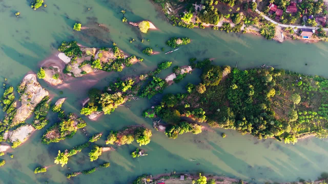 Aerial top down of Mekong river in Laos 4 thousand Islands Don det travel destination