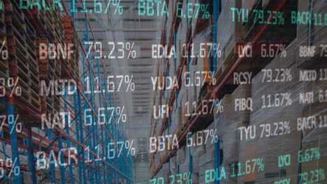 animation of stock market and financial data processing over empty warehouse