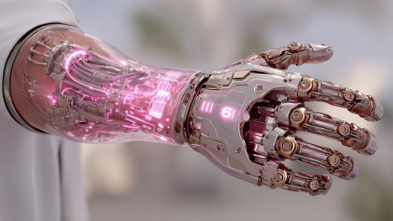 Futuristic Cybernetic Hand with Glowing Circuitry, Showcasing Advanced Robotics and Technology in an Intricate Design, Merging Human and Machine Aesthetics