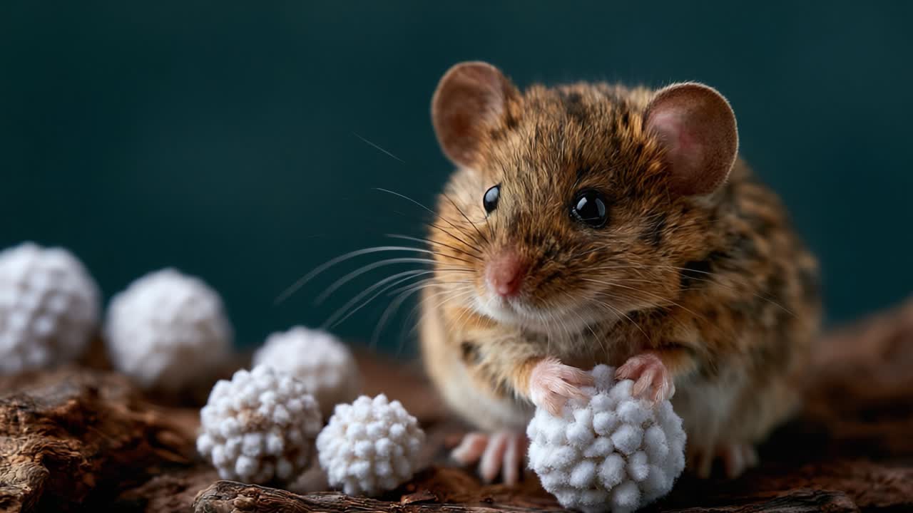 An Adorable Small Rodent Engaging with White Textured Objects on a Natural Wooden Surface, Captured in Stunning Close-up Details