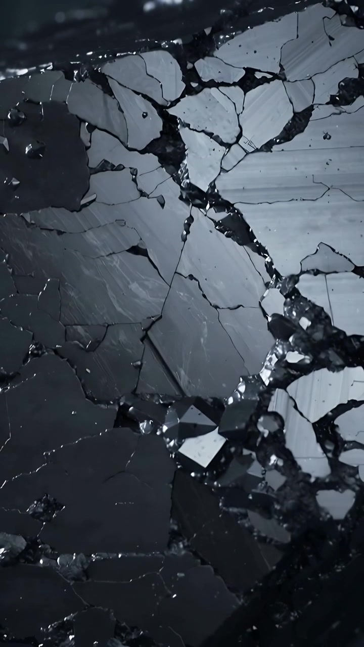 Vertical video: Moving camera revealing dark cracked slab on set, showing shards to reveal texture