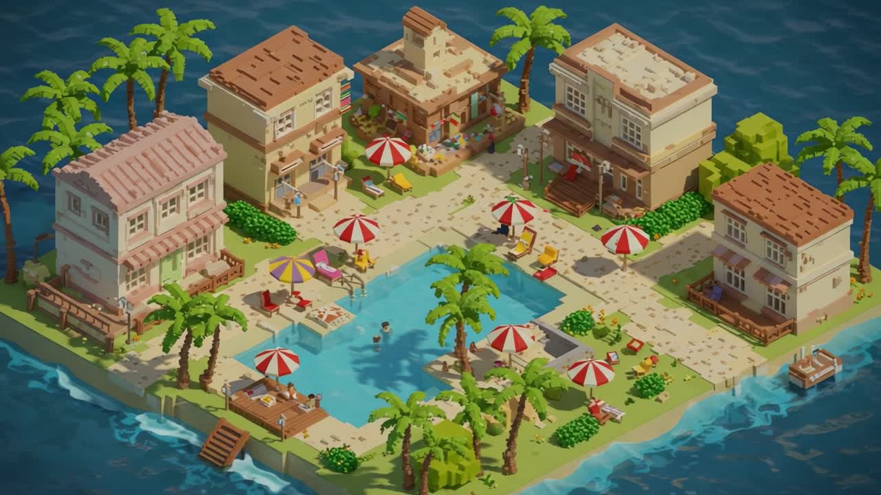 A Vibrant Vacation Paradise: Exploring a Lively Island Resort with Colorful Cabins, Poolside Sunbathing, and Tropical Palm Trees Amidst Ocean Views