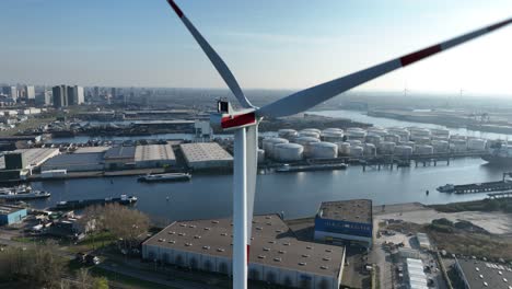 port of amsterdam, wind turbines, renewable energy, aerial drone view.