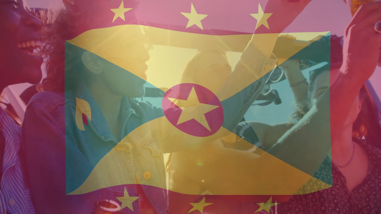Celebrating with Grenada flag overlay, group of people watching animation together