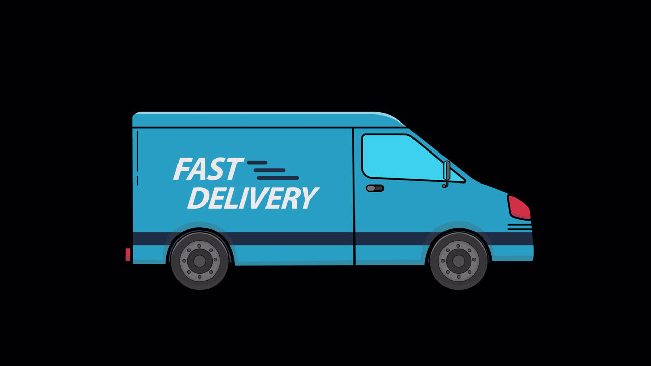 Animated Blue Delivery Van Driving with 'Fast Delivery' Text