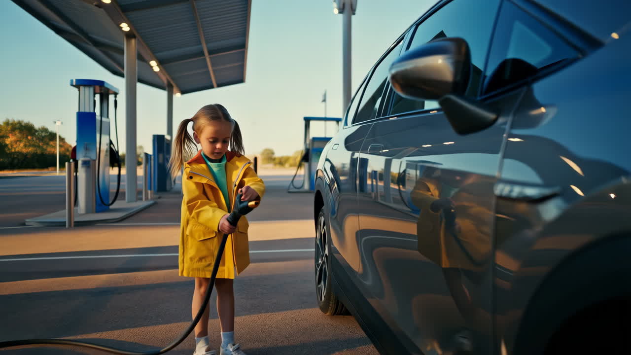 Şarj istasyonunda elektrikli araç şarj eden kız