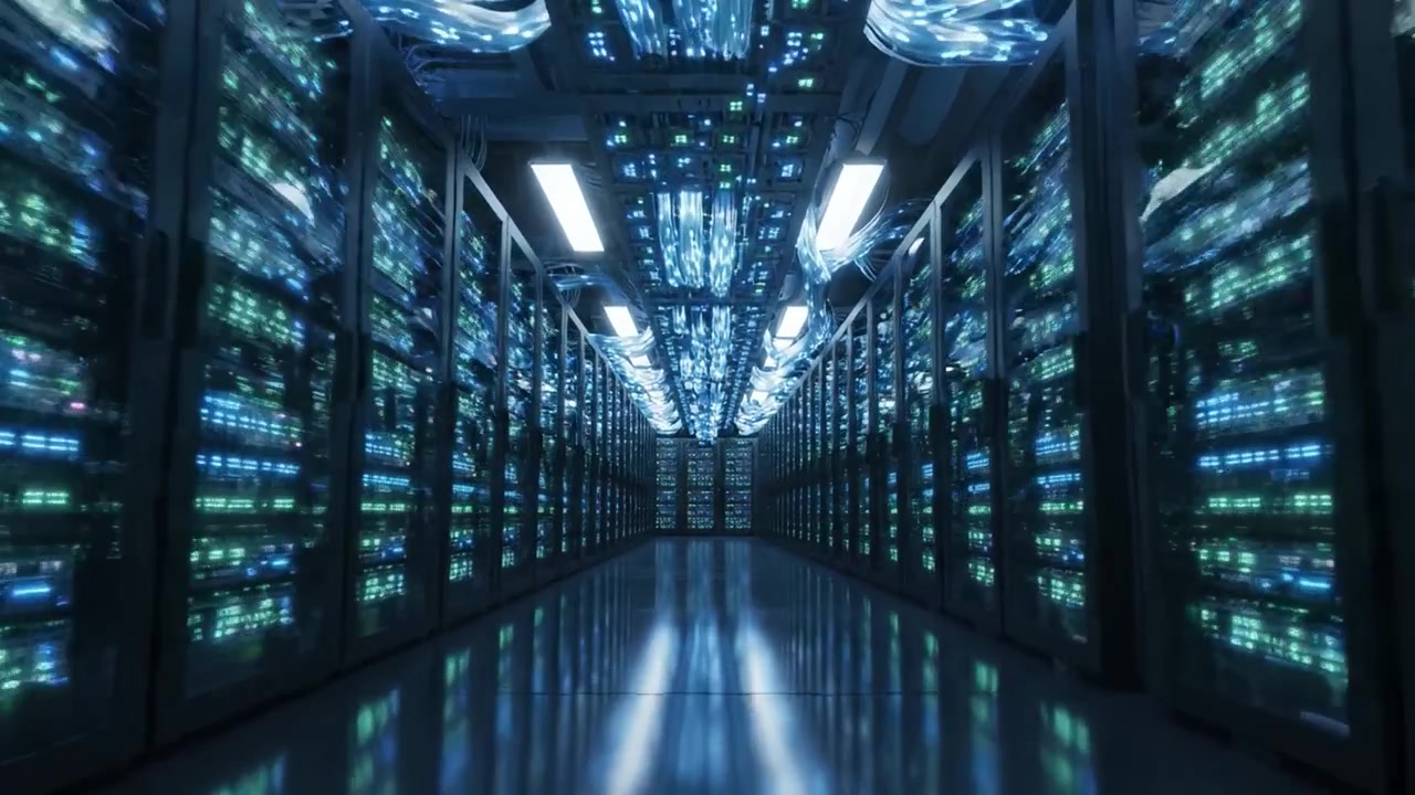 Esplorazione di un centro dati ad alta tecnologia con file di rack server avanzati, evidenziando l'intricata rete di cavi e gli splendidi display LED.