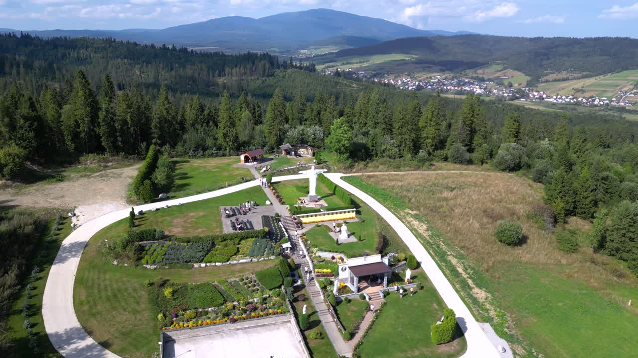 Christ the redeemer statue in Klin, Slovakia aerial panorama shot