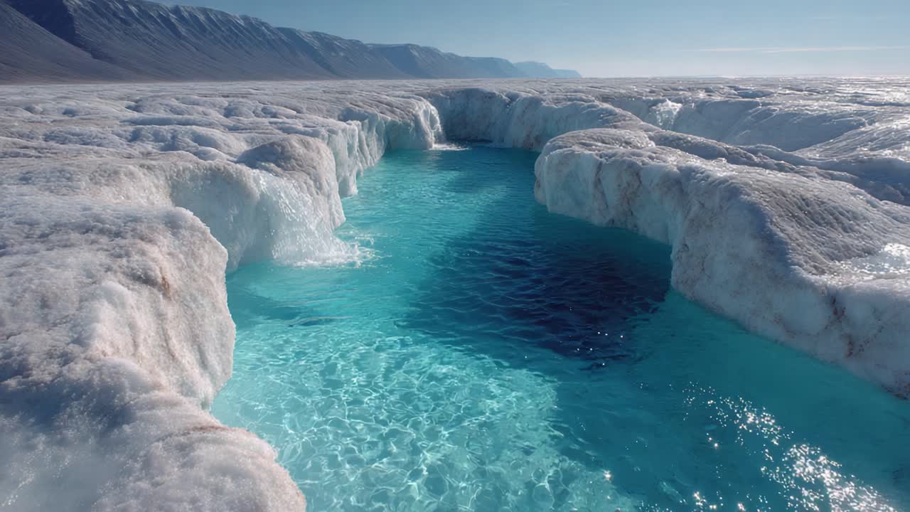 A breathtaking view of a glacial landscape, showcasing vibrant turquoise waters surrounded by ice formations under a clear sky, highlighting the beauty of nature's icy creations