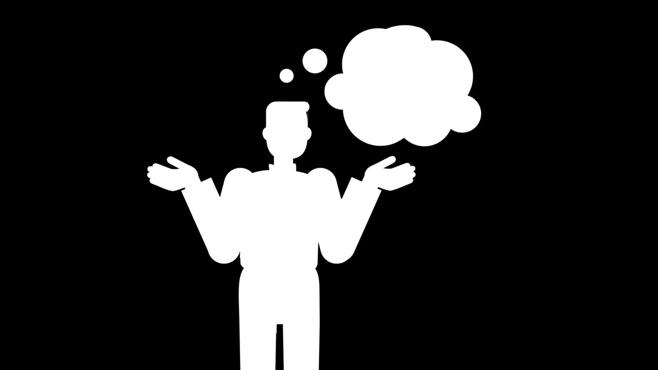 생각하고 답을 찾는 사람, 어깨를 끄덕이는 사람, 불확실성, 질문, 해결책이 없는 개념, 알파 채널의 캐릭터 루프 애니메이션, 절망감, 절망, 그의 얼굴에 좌절감