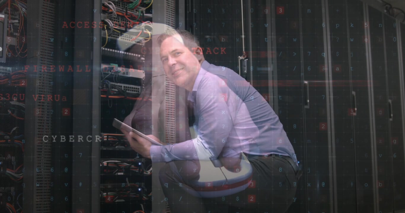 Animation of data processing with cyber attack warning over technician and computer using computer