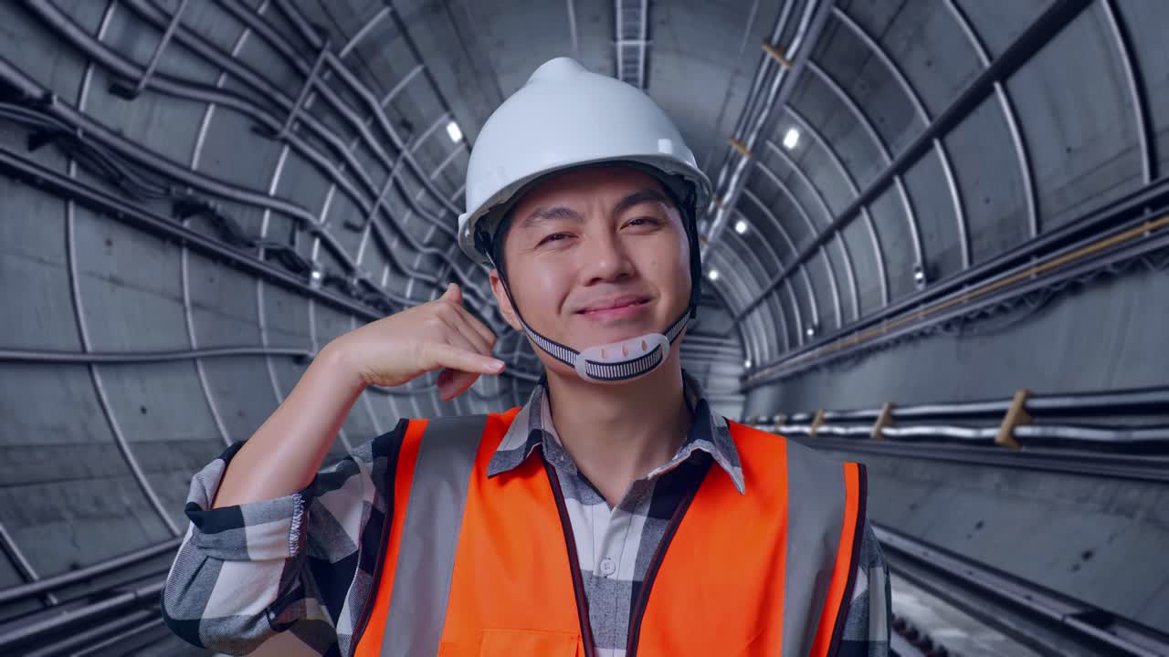 Close Up Of Asian Male Engineer With Safety Helmet Smiling To Camera And Making Call Me Gesture While Standing In Underground Subway Tunnel