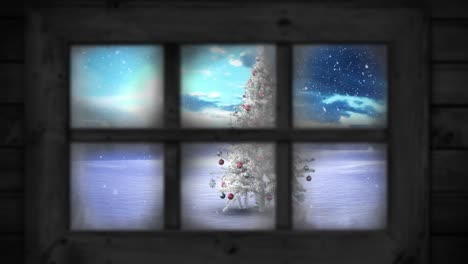 Wooden-window-frame-against-snow-falling-over-christmas-tree-on-winter-landscape