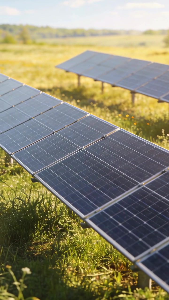 Telecamera che panoramica su pannelli solari, rivelando le sbarre collettrici e il loro luccichio, mostrando la disposizione dell'energia rinnovabile