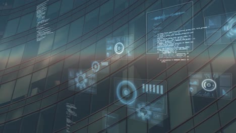 Animation-of-multiple-round-scanners-and-data-processing-against-tall-building