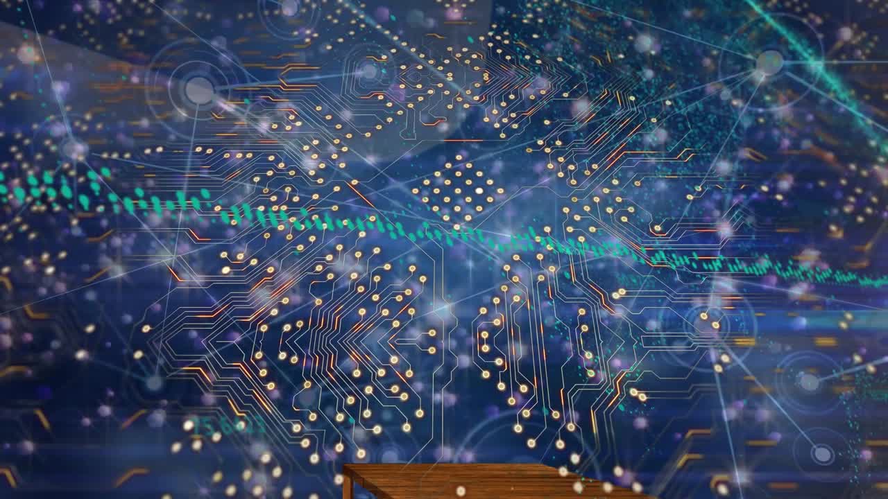 Animation af computerprintplade og lyspunkter over et netværk af forbindelser på blå baggrund