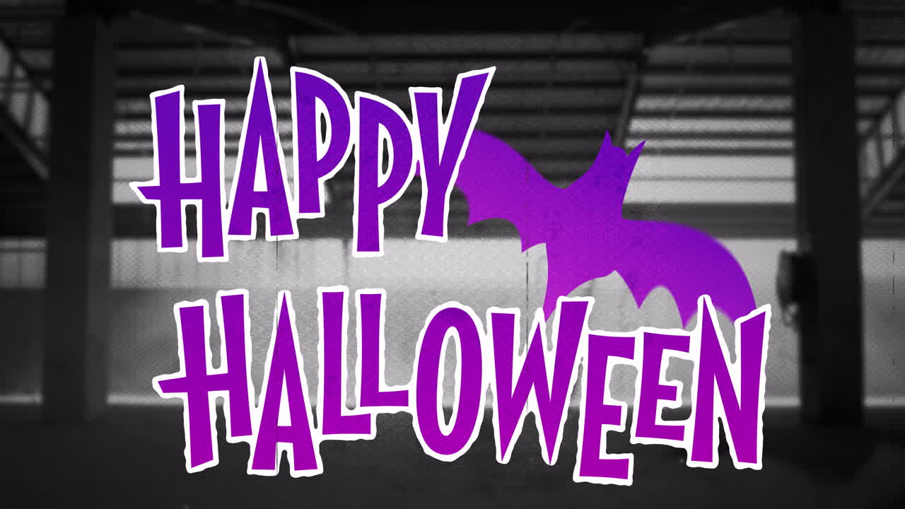 검은색과  ⁇ 색 창 위에 행복한 할로윈 텍스트의 애니메이션