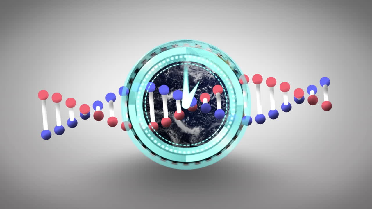 하 바탕에 있는 지구상에서 움직이는 시계와 dna 줄무의 애니메이션.