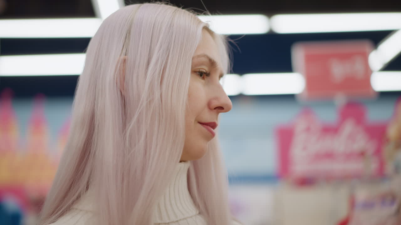 Side view of pregnant woman scanning retail environment with attentive eyes, blurred clothing racks in background, ambient lighting highlighting serene expression and gentle smile during shopping