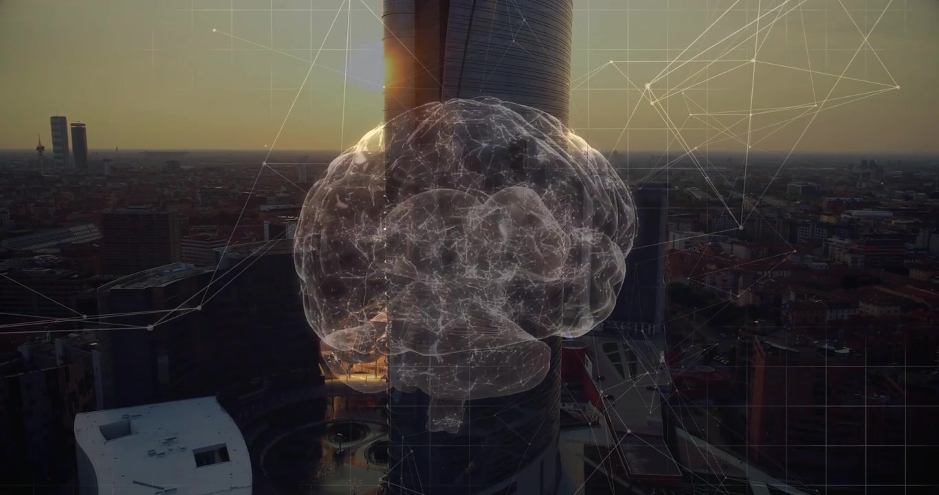 Sole che attiva un cervello olografico, con wireframe che ruota, si inclina e pulsa rivelando i lobi, su una torre
