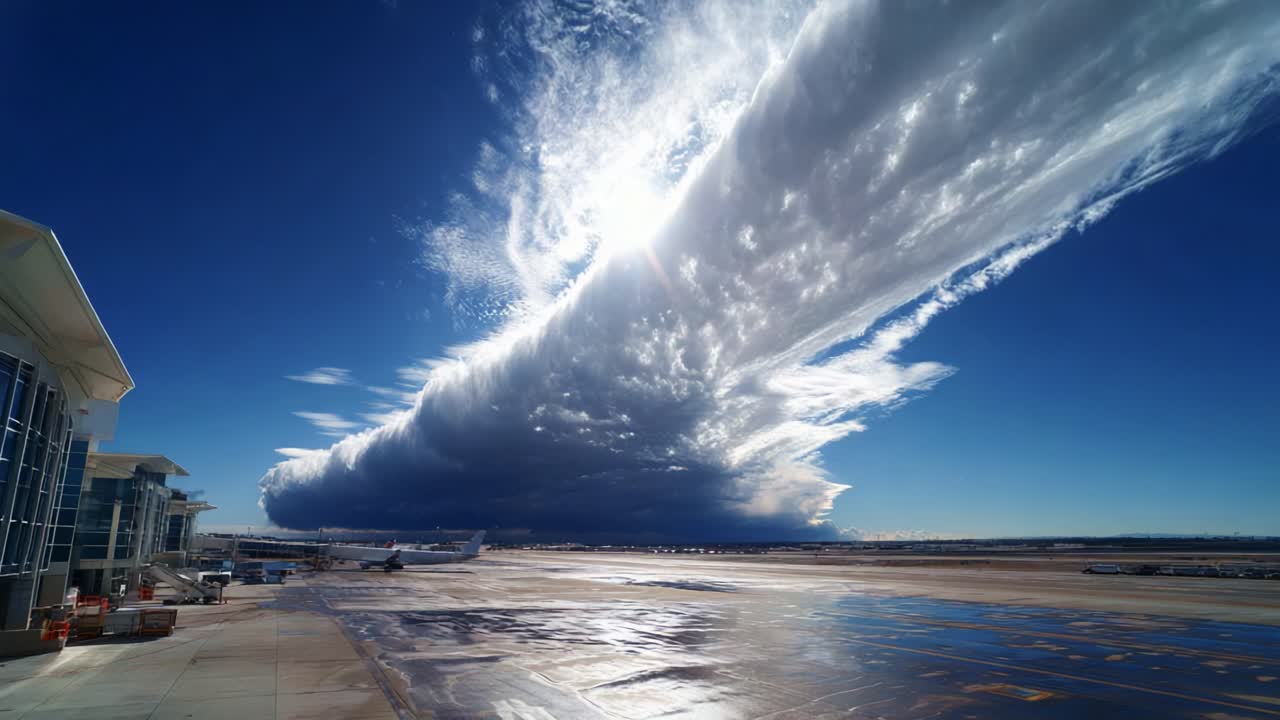 A Stunning Display of Rolling Clouds at an Airport: Observing the Formation and Movement of Stratus Clouds Pushing Across the Sky with a Dramatic Sunlit Backdrop