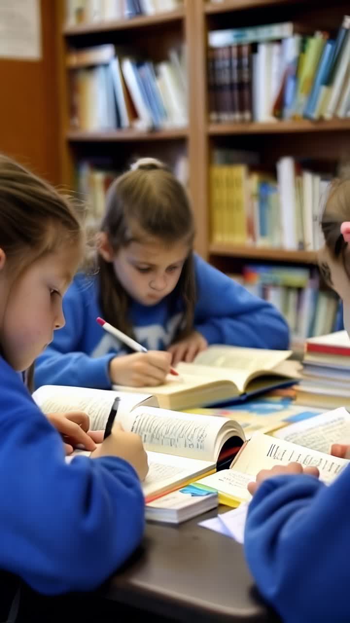 A girl reading a book, studying in the school library, sitting with other girls.