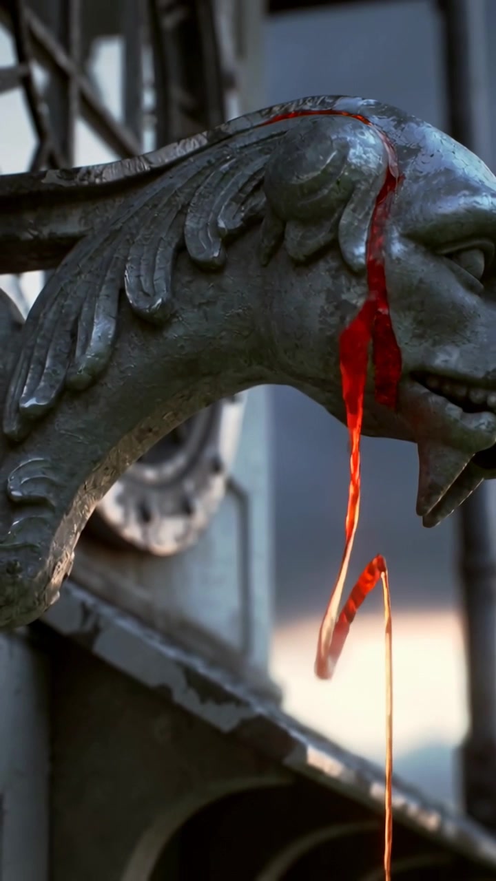 Video verticale: Goccia che si forma sul beccuccio di un gargoyle, causando una goccia rossa che scivola lungo la facciata.