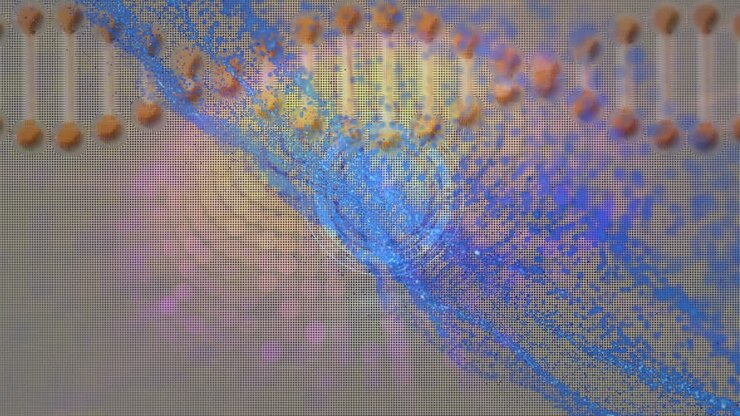 Animation of data processing over shapes and dna strand