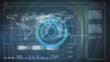 animación del procesamiento de datos con escaneo de alcance sobre el mapa del mundo sobre fondo negro