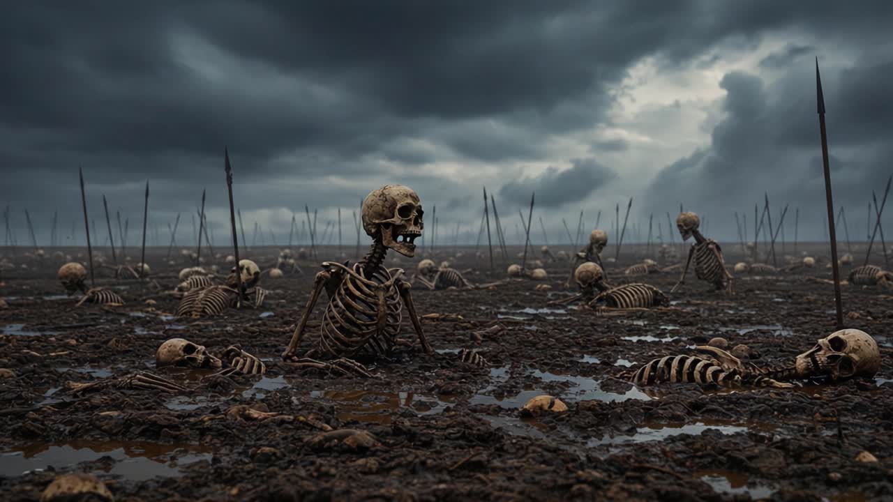 An eerie landscape of skeletons emerges from the dark, muddy ground, surrounded by ominous clouds and spear-like structures piercing the atmosphere, evoking a sense of desolation and forgotten history
