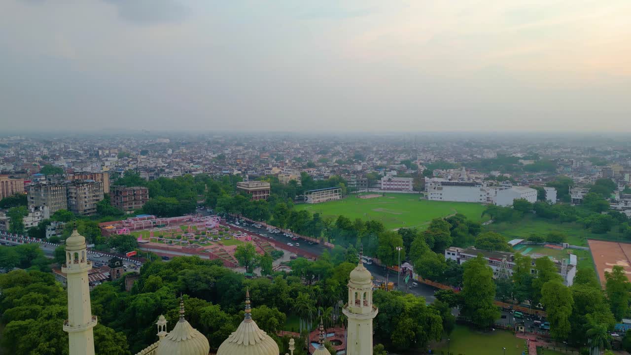 Husainabad Clock Tower and Bada Imambara India Architecture view from drone