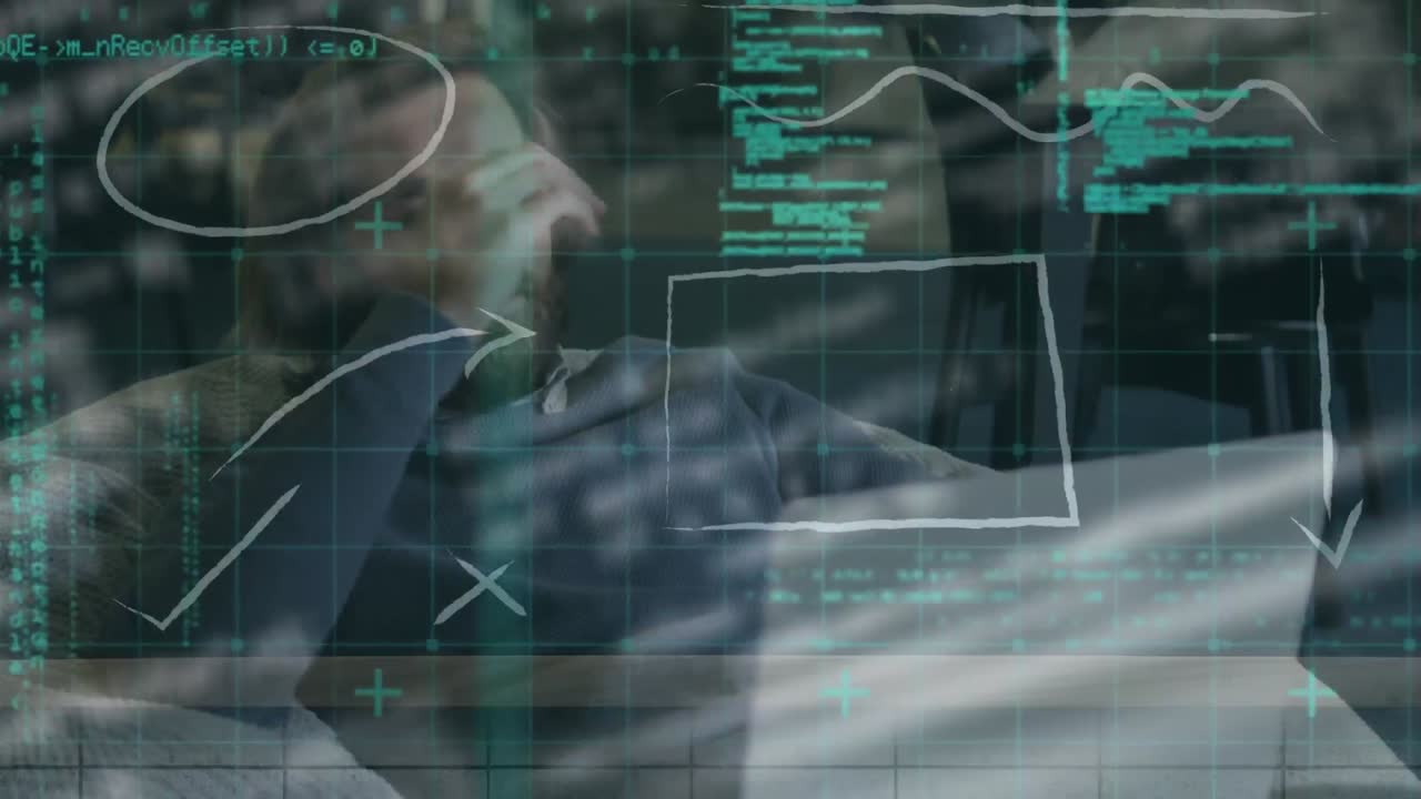 animación de formas con procesamiento de datos sobre un hombre de negocios caucásico usando una computadora portátil