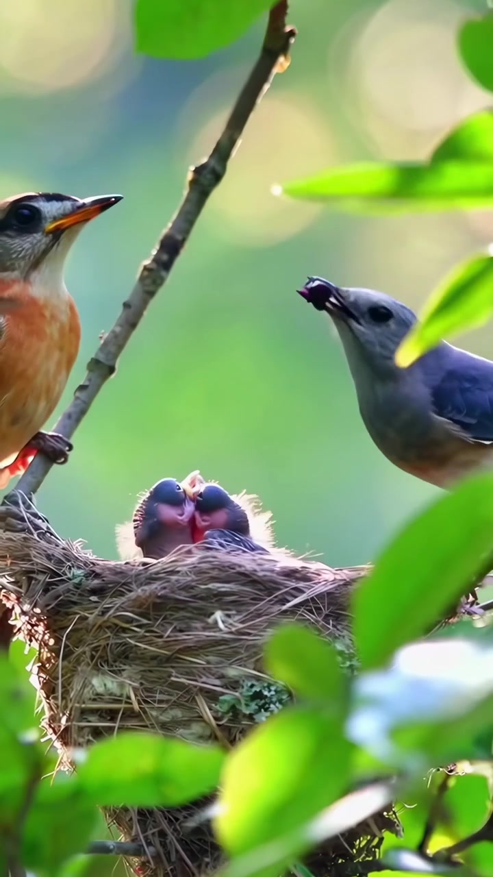 Uccelli genitori che nutrono i loro piccoli nel nido