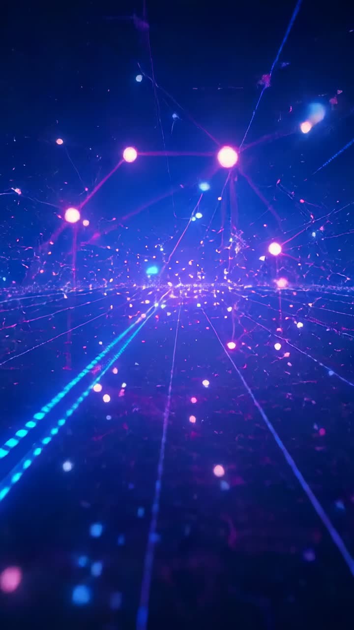 Vertical video: Starting nodes lighting lines on grid, camera moving along dotted path into core