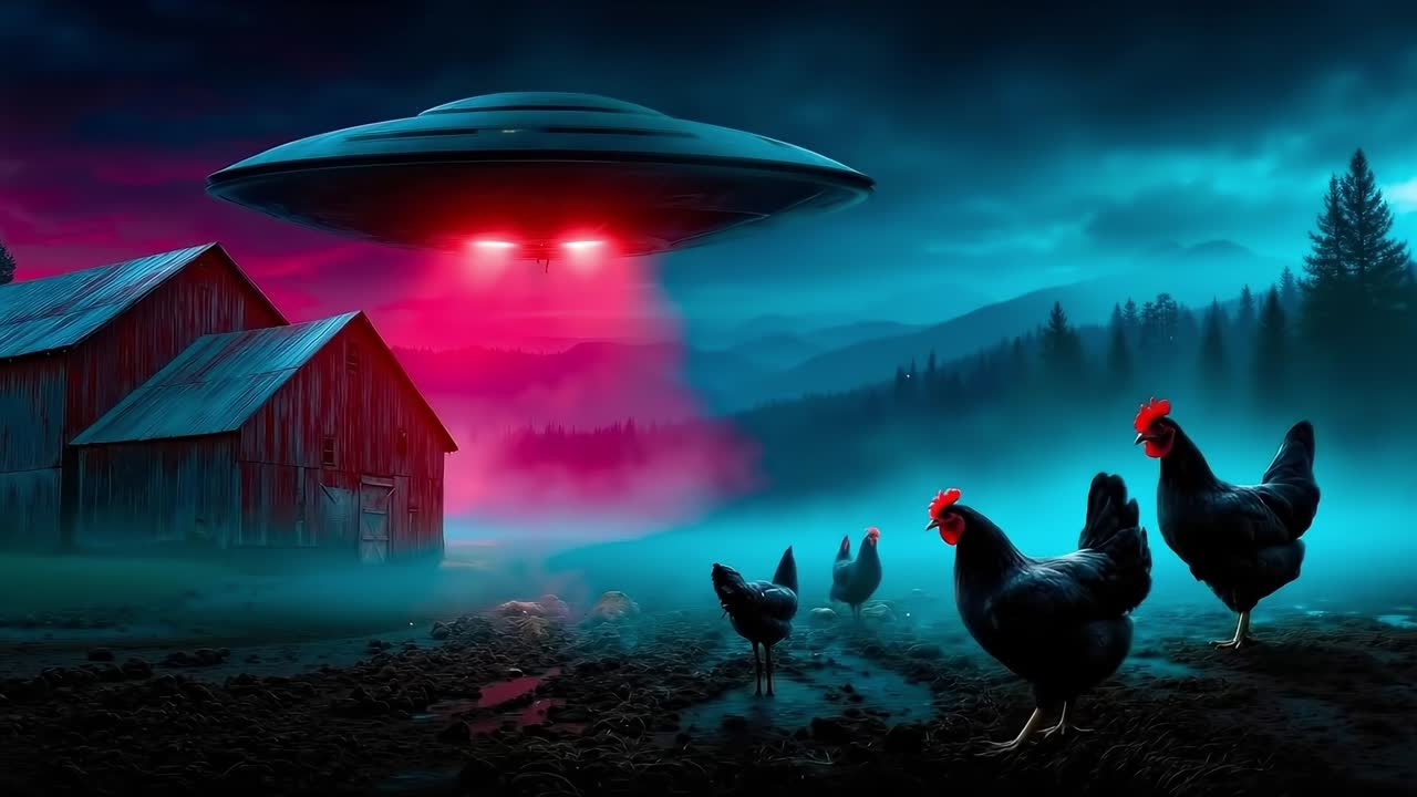 A group of chickens standing in front of a barn with a UFO flying over them
