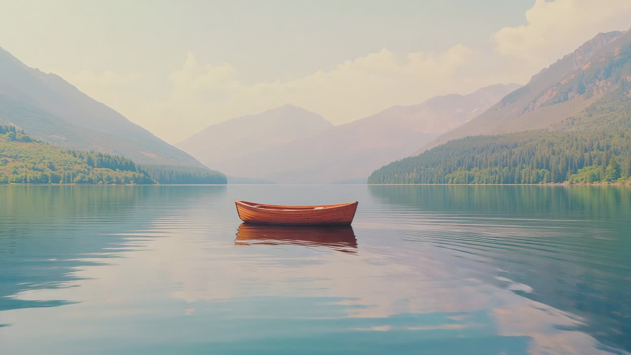 Rocking orange canoe swaying from gentle breeze on mountain lake, with circular ripples spreading