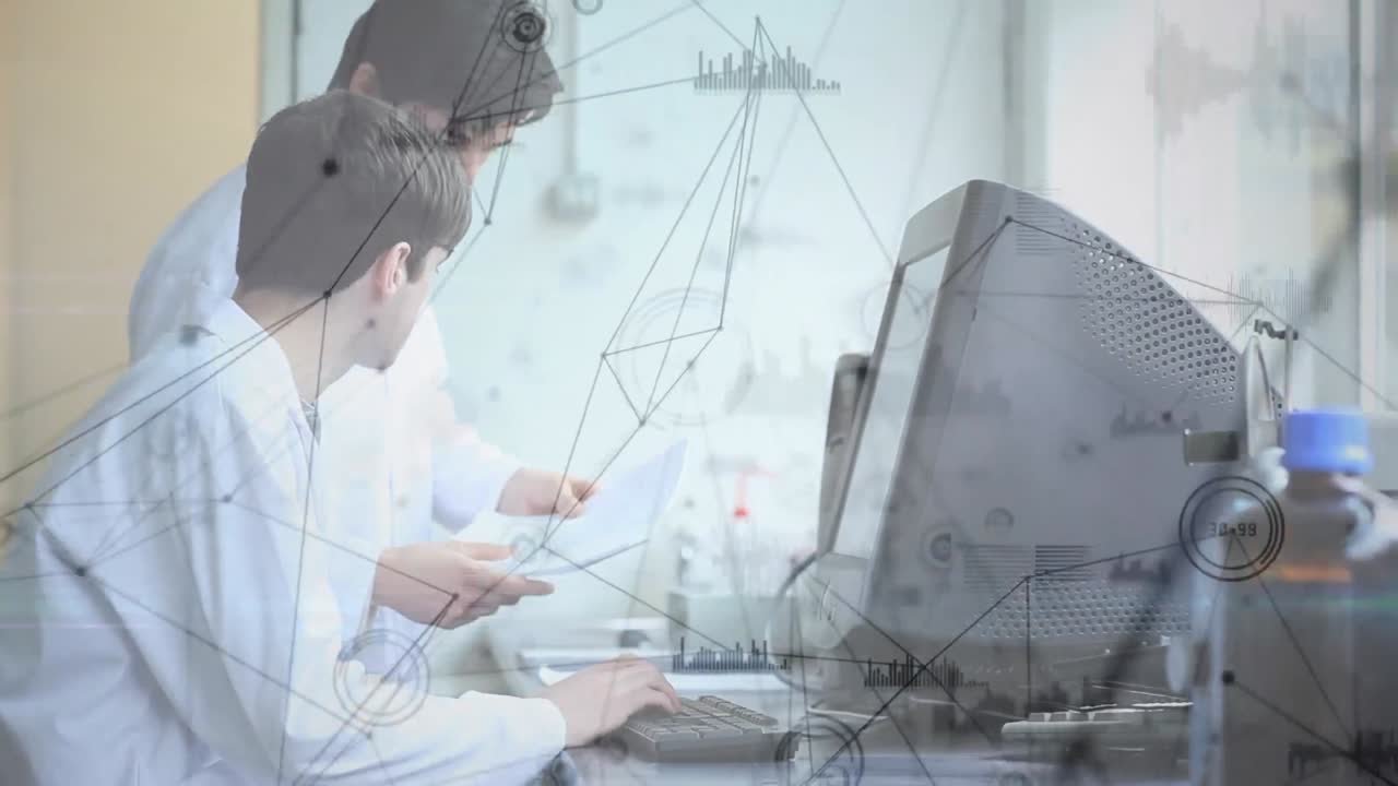 animación de estudiantes de química a través de una red de puntos conectados en el fondo