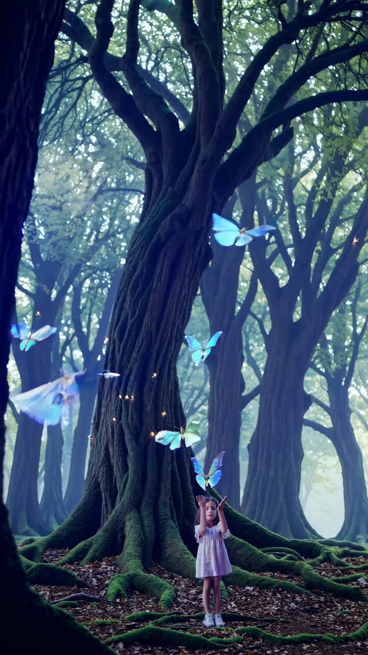 A magical video scene with a low-angle view of a child releasing a glowing blue butterfly, set