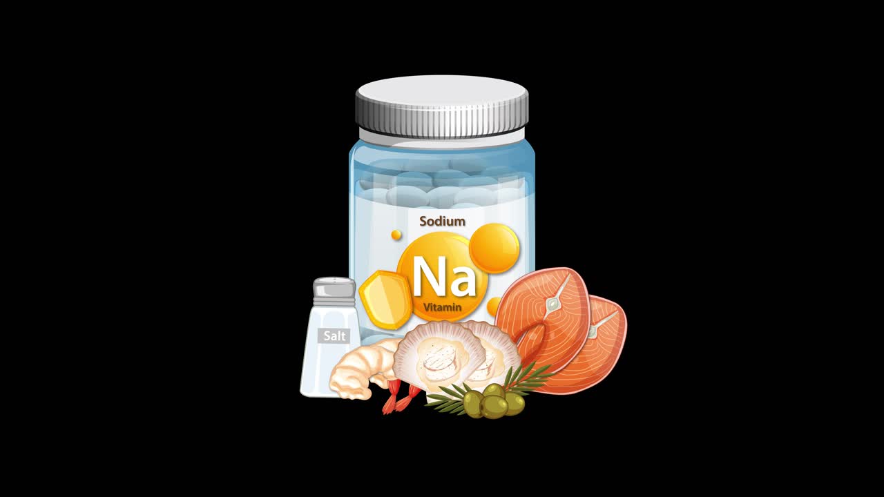 Sodium supplement bottle with food sources appears, expanding outward on black background, smooth transitions