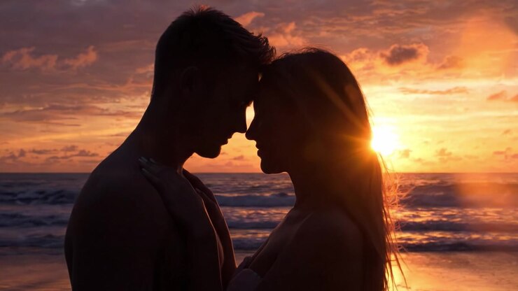 Une étreinte romantique au crépuscule : couple en silhouette devant un magnifique coucher de soleil sur l'océan, capturant l'essence de l'amour et de la connexion au bord de l'eau