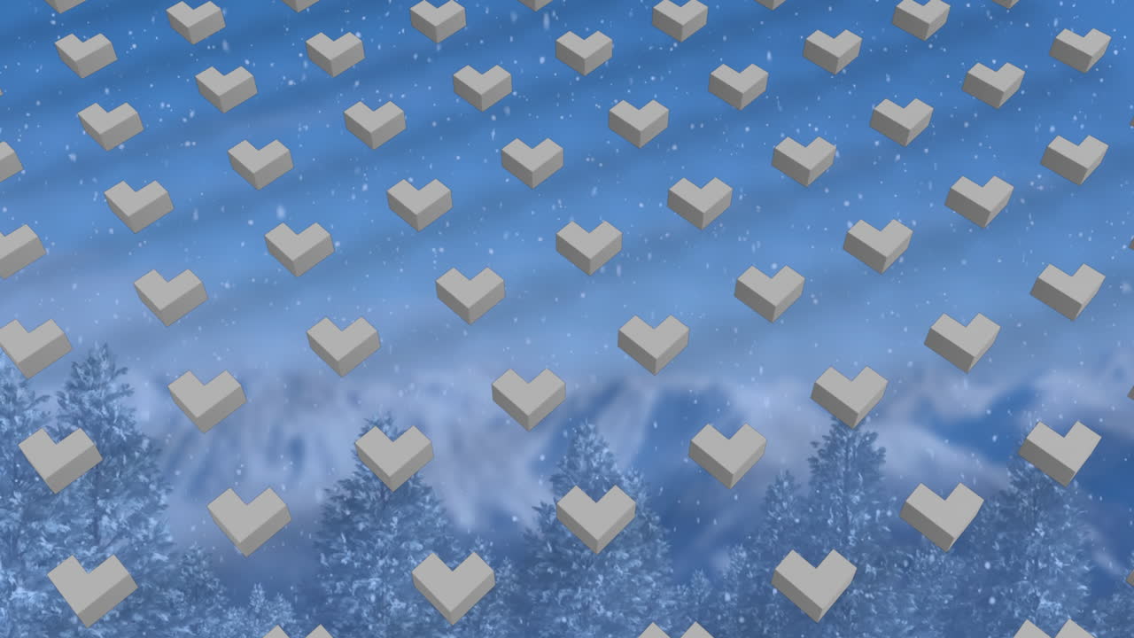 추상적인 모양의 행의 애니메이션 패턴과 겨울 풍경에 떨어지는 크리스마스 눈