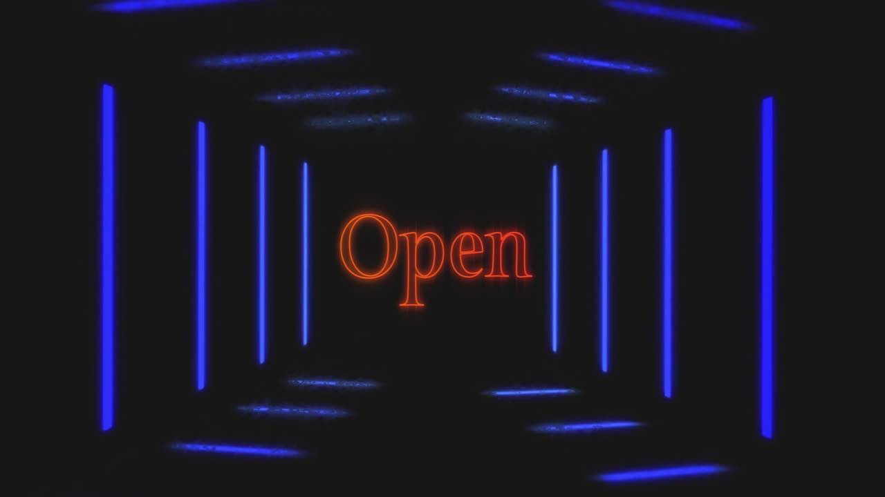 Animation of open text over neon stripes on black background